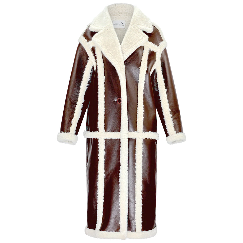 ANGEL WINGS FAUX LEATHER SHEARLING TRENCH - BROWN
